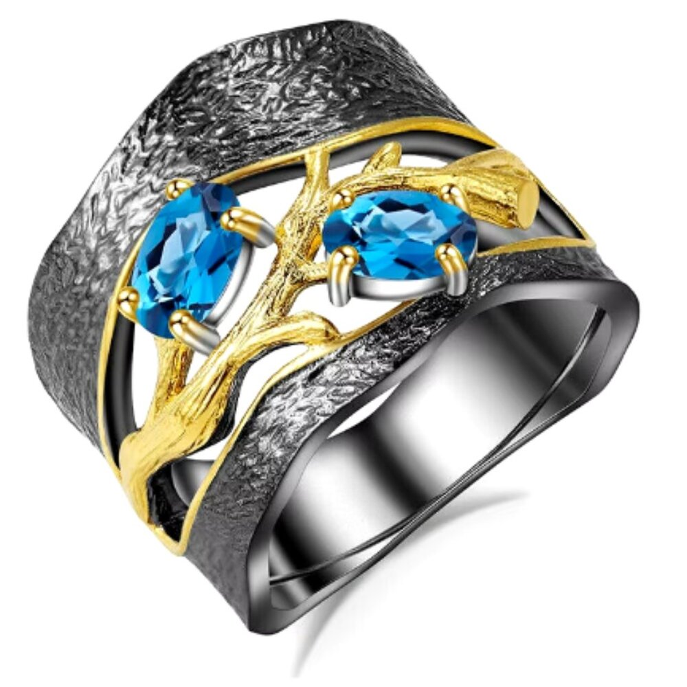 Black Gold Inlaid Blue Zircons Size 7 Two-Tone Branch & Twig Wide Band Ring